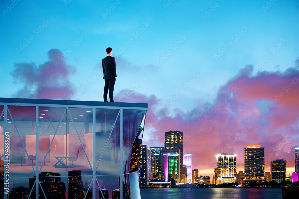 Businessman standing on the roof of a skyscraper and looking ove