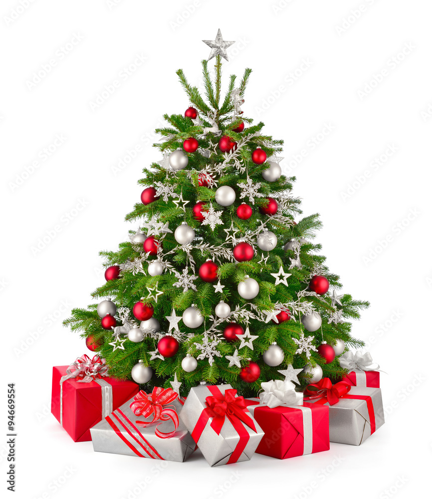 Rot und Silbergrau的Christbaum und Geschenke