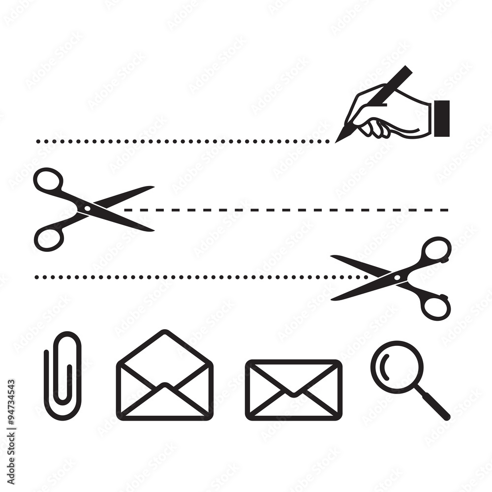 Vector scissors cut lines and icons for notebook, form or worksheet. Search, cut, write, letters and