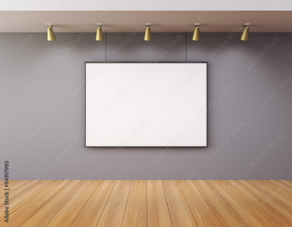 空房间里的空白相框，带灯和木地板，moc