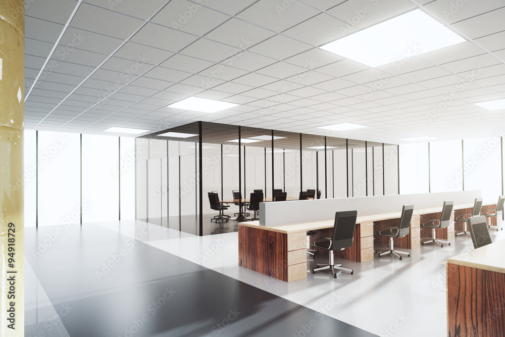 带会议室的现代轻型开放空间办公室