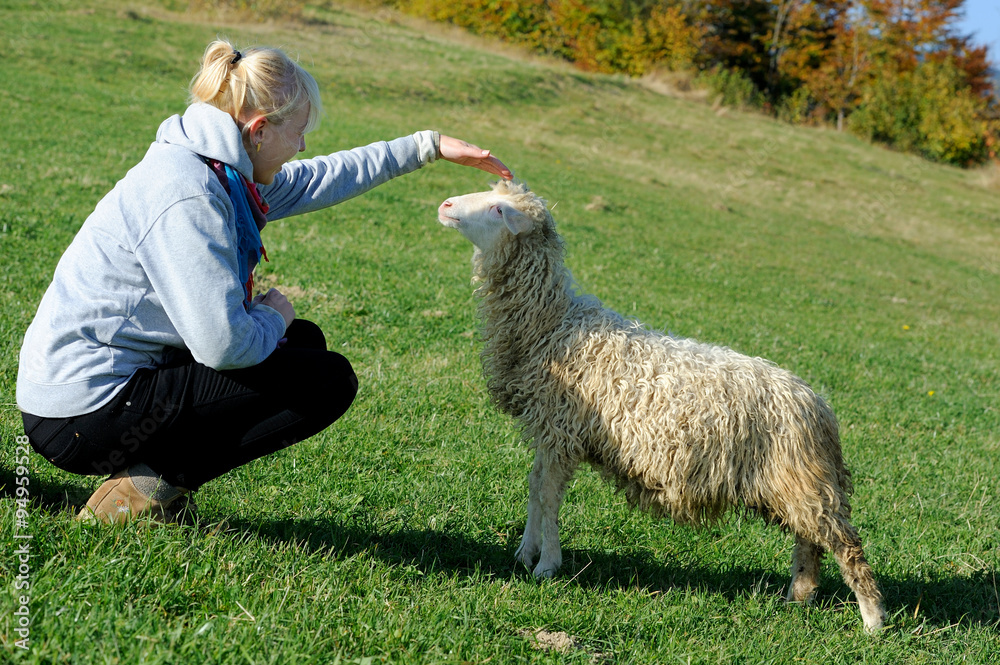 农场里牵着一只小绵羊的女人