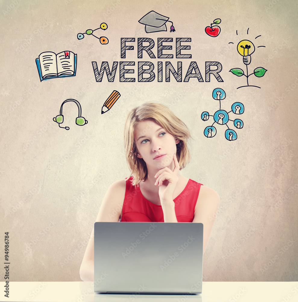  Free Webinar concept with woman working on laptop
