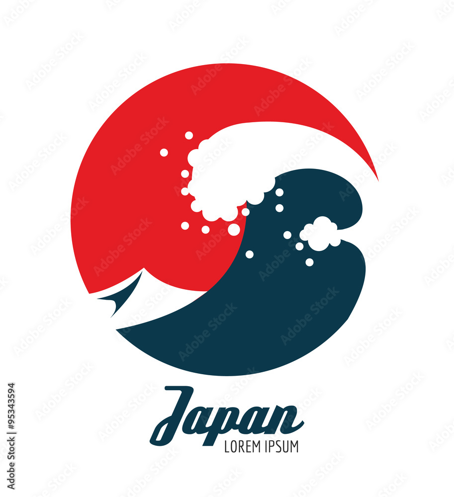 红色圆圈中的海浪。日本图标设计。平面元素。