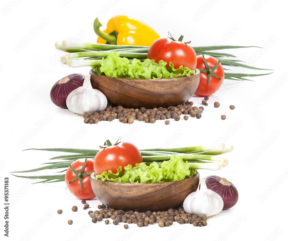 白底蔬菜。白底新鲜蔬菜和香料。一套蔬菜