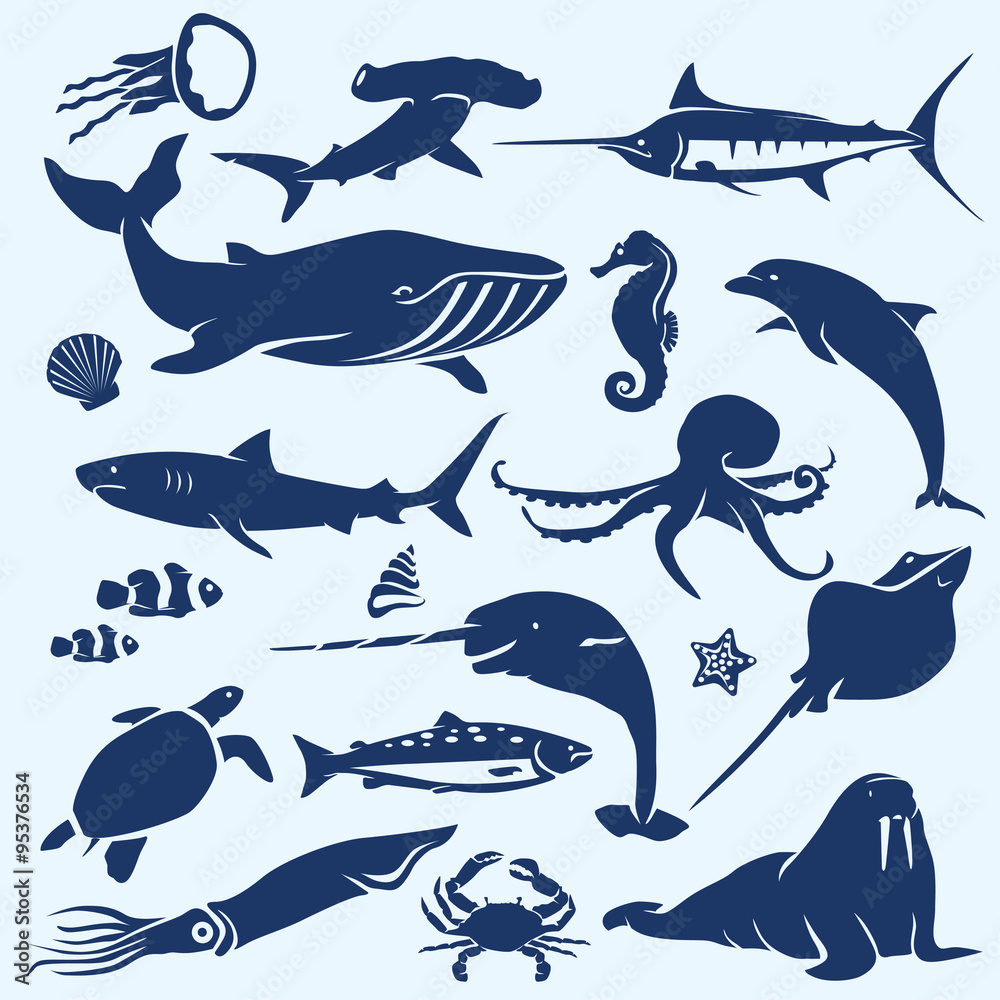 海洋生物、海洋动物和鱼类剪影系列