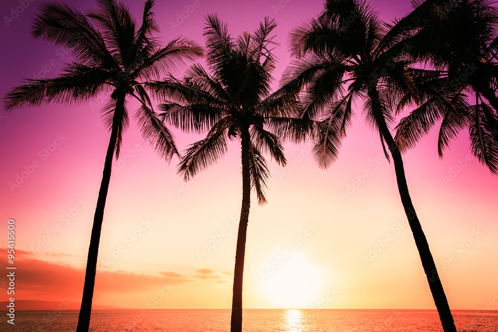 热带岛屿日落，棕榈树剪影，炎热的夏日假期背景，金色的天空