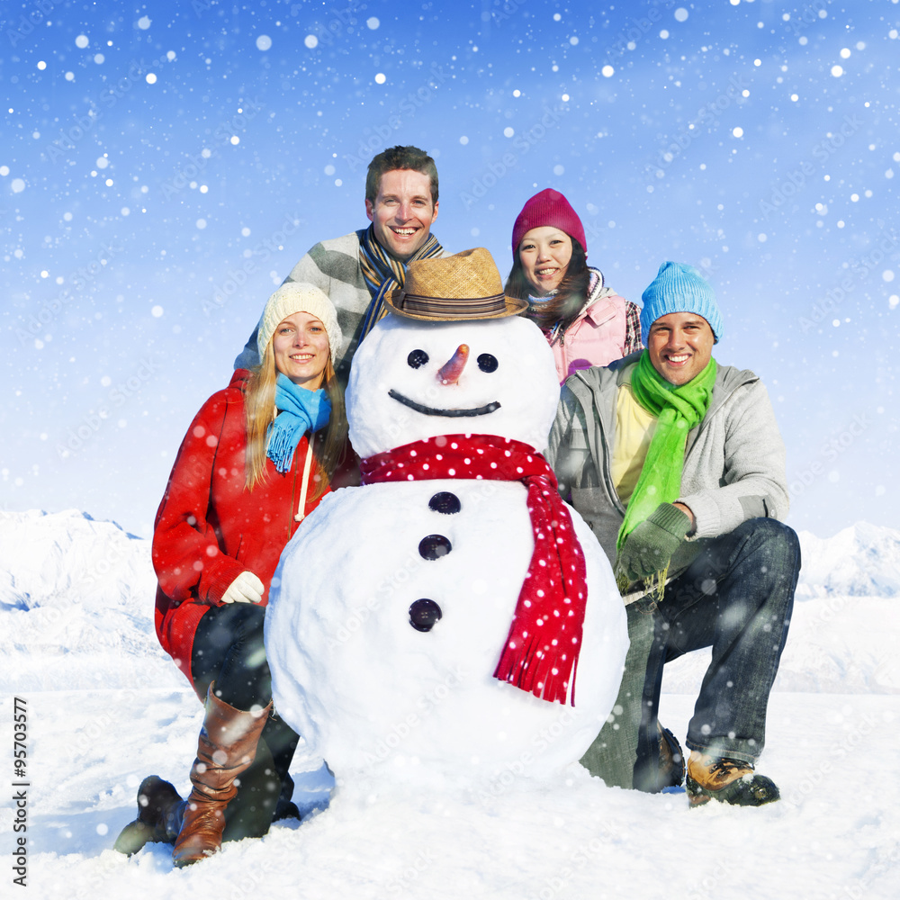 Group Of Friends in The Snow Smiling Cheerful Concept