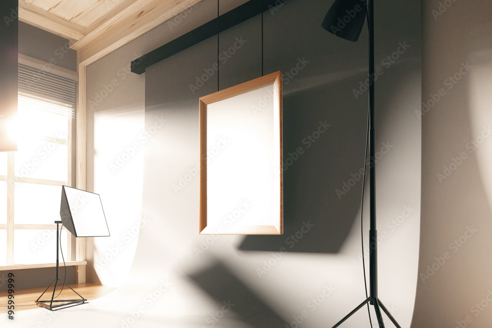 室内空荡荡的阳光照相馆，带空白相框，模拟