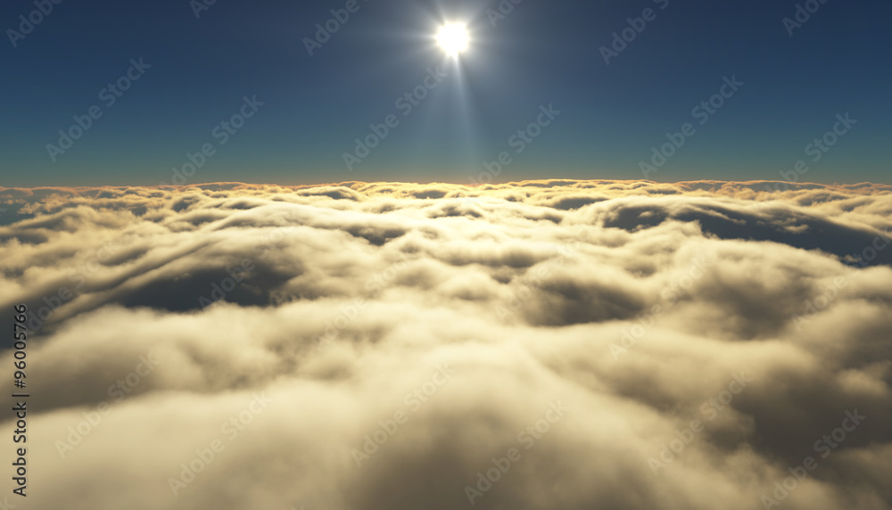 在云层上方飞行时看到多云的日出。