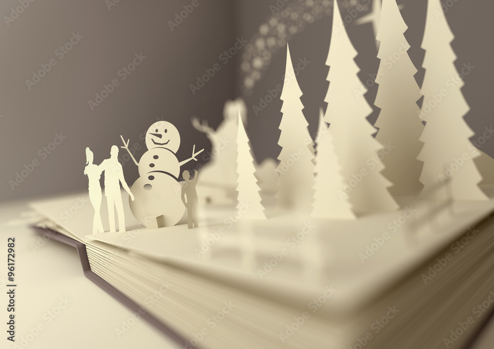弹出式图书-圣诞故事。以圣诞为主题的3D弹出式图书，包括家庭建筑