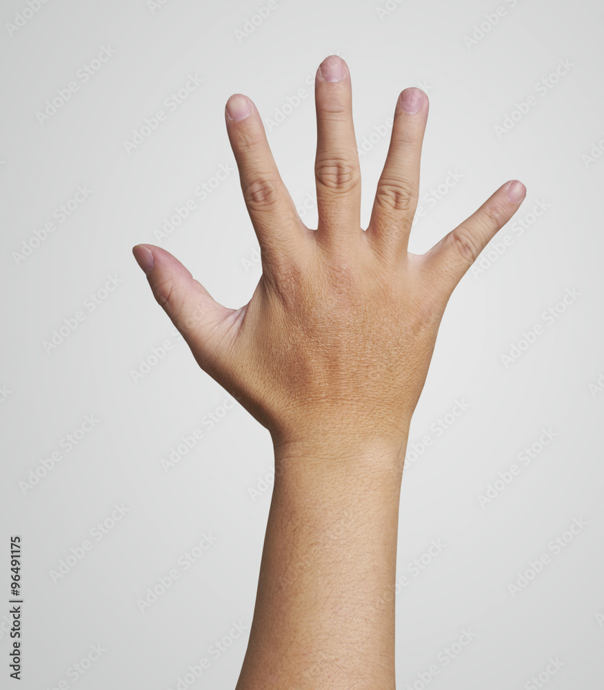 hand symbol that means five on white background, with clipping path