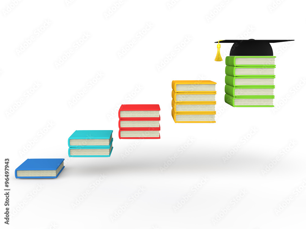 带毕业帽的3d图书台阶