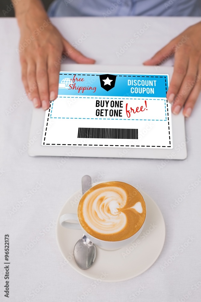 Composite image of digital tablet and coffee on table