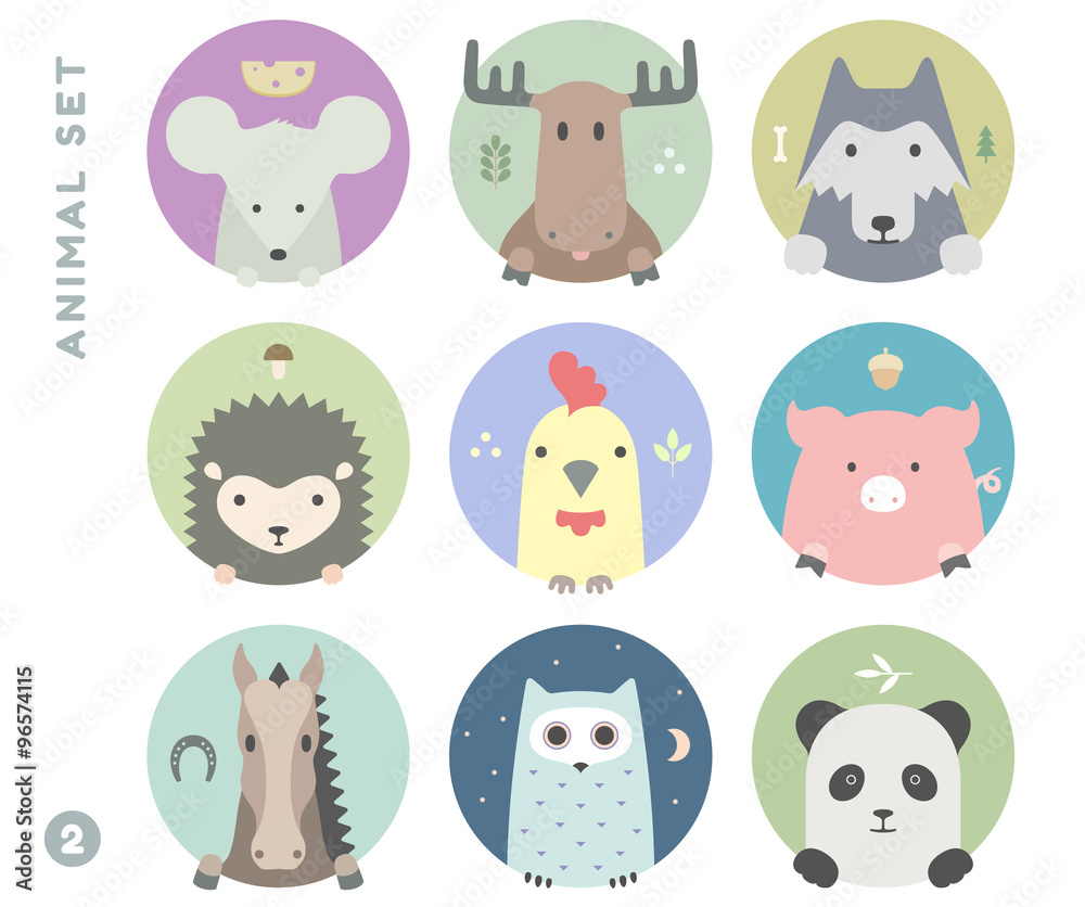 Animal set of colorful portrait in flat graphics. Vector Illustration