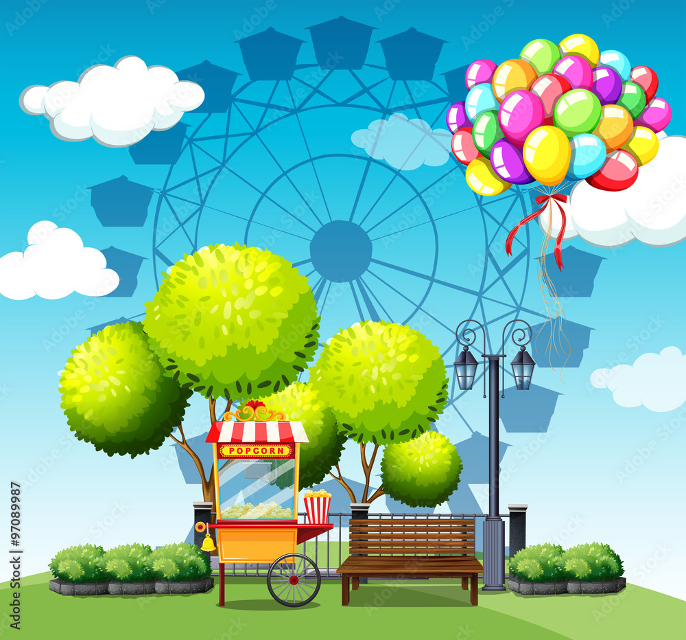 公园里有爆米花小贩和气球
