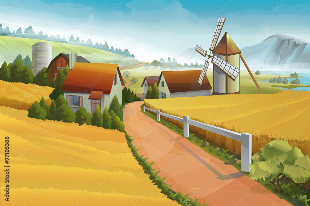 Farm rural landscape vector background