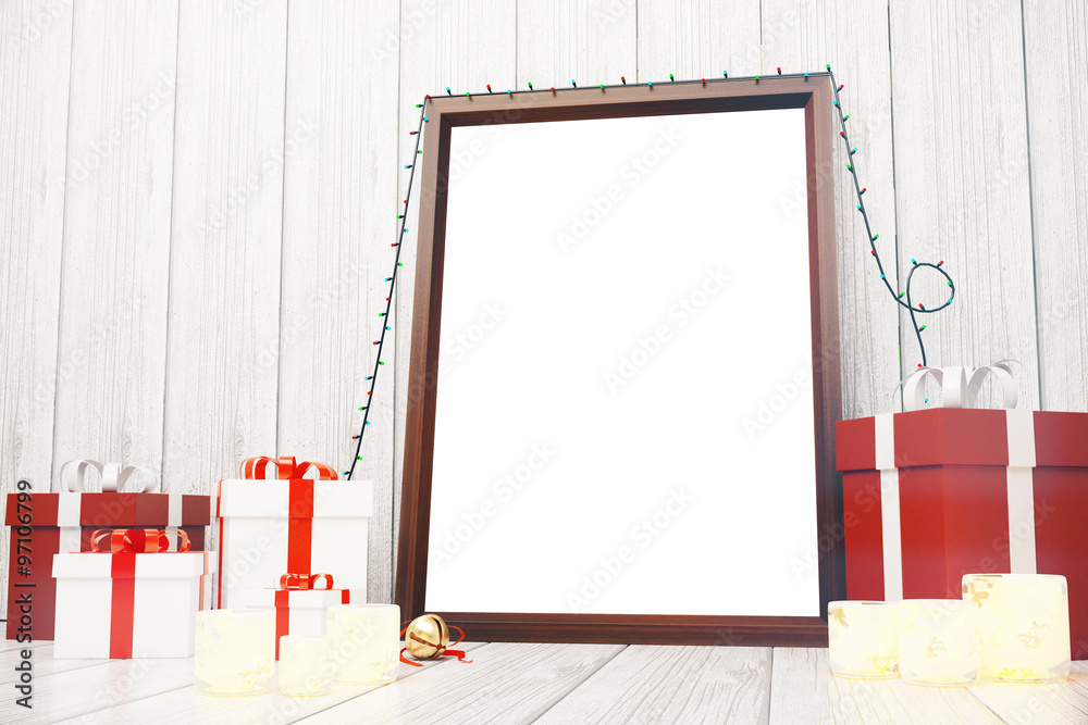 白色wo上有礼品盒和烛台的空白相框