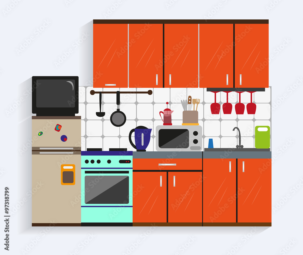 厨房内部带有平面风格的家具。设计元素和图标、用具、工具、橱柜。
