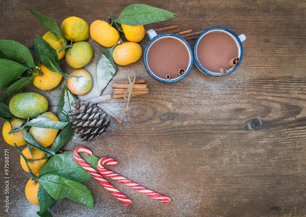 圣诞或新年框架。新鲜柑橘叶、肉桂棒、松果、热巧克力