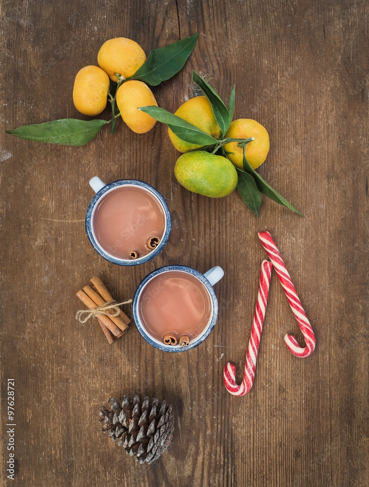 圣诞或新年属性。新鲜柑橘配叶子、肉桂棒、松果、热巧克力