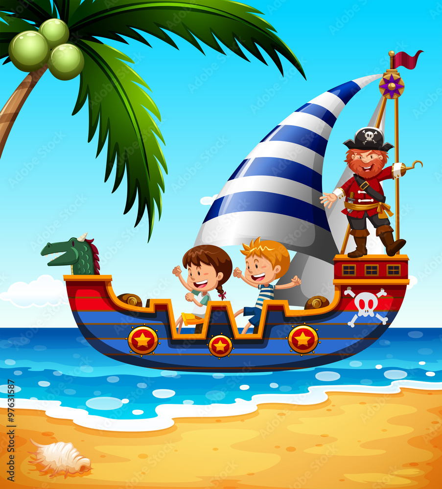 Children on the ship with pirate