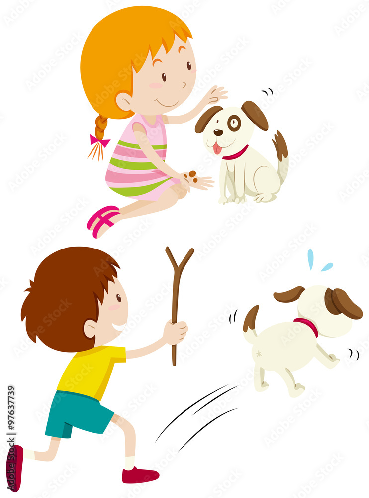 Girl feeding dog and boy chasing dog