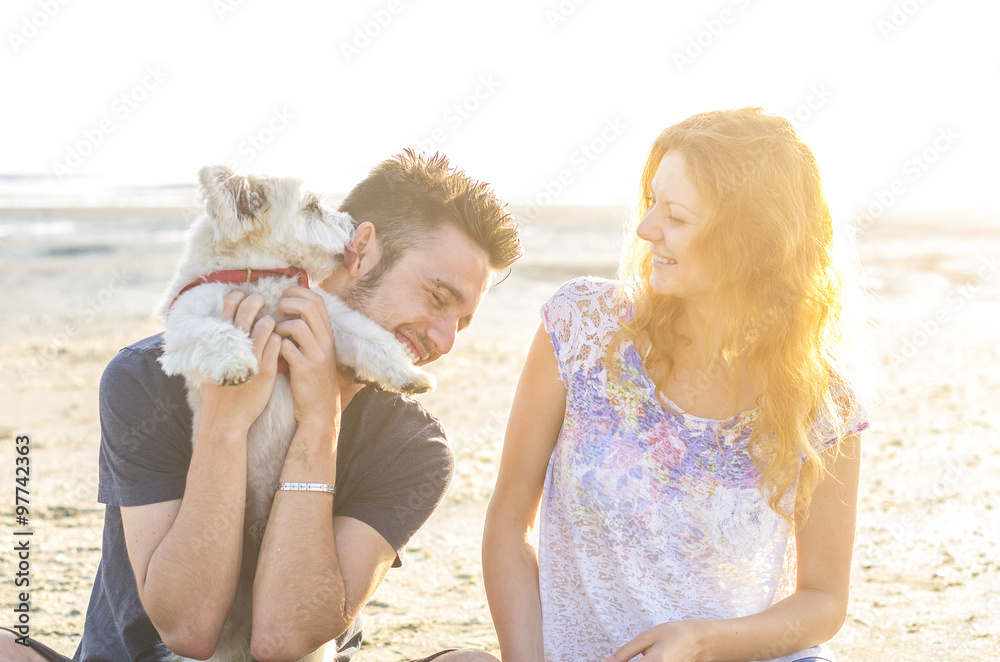 一对恩爱的夫妇在海上和他们的狗玩耍-高加索人-人、动物和生命的概念