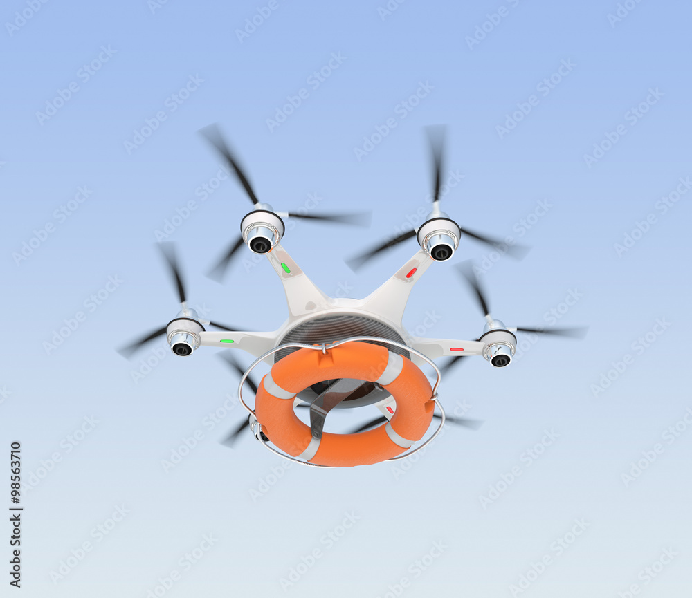 Drone carrying lifebuoy for lifesaving concept.