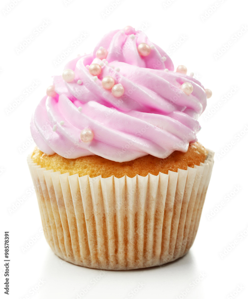 白色隔离的粉红色纸杯蛋糕