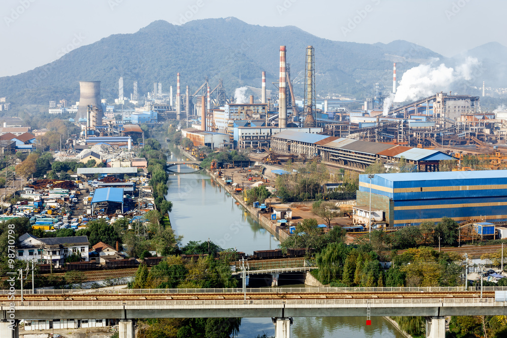 Steel mills Smoke and powder dust pollution in large industrial District