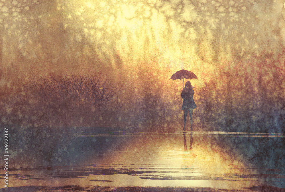 湖中带伞的孤独女人，插图