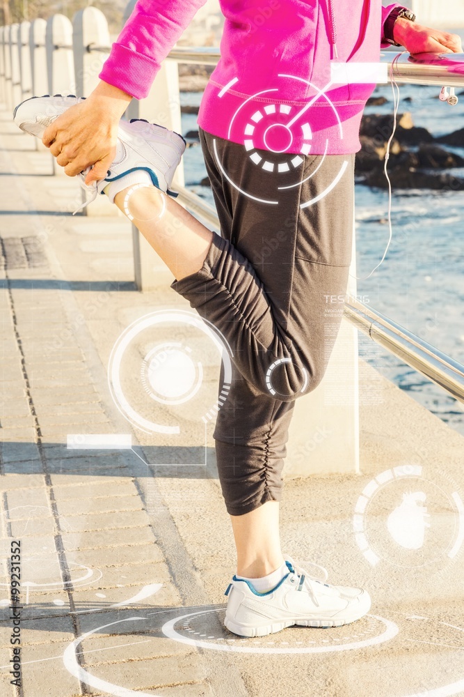 运动型女性在散步时伸腿的合成图像