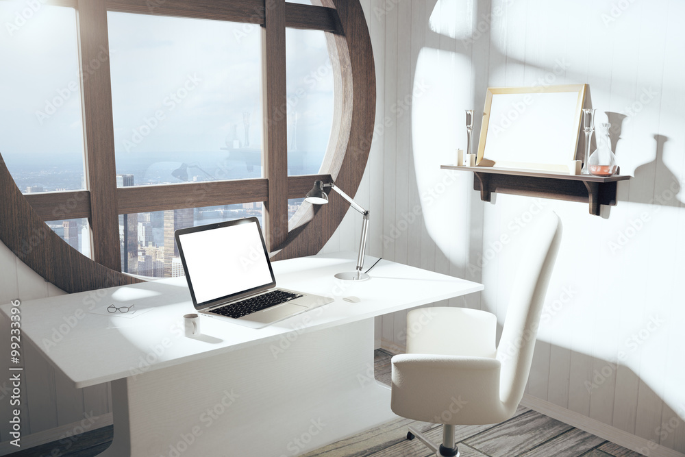 白色桌子上的空白白色笔记本电脑屏幕，带椅子和圆形wi