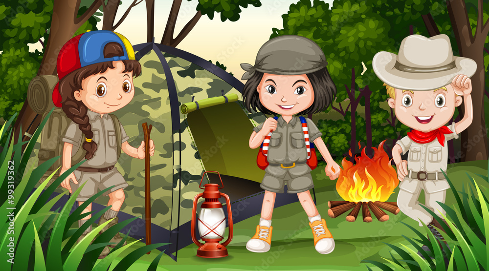 儿童在森林深处露营插图