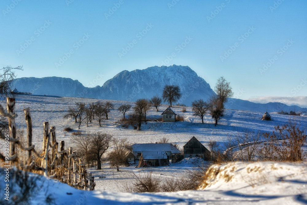 Frozen sunny day of a winter, on wild transylvania hills. Holbav. Romania. Low key, dark background,