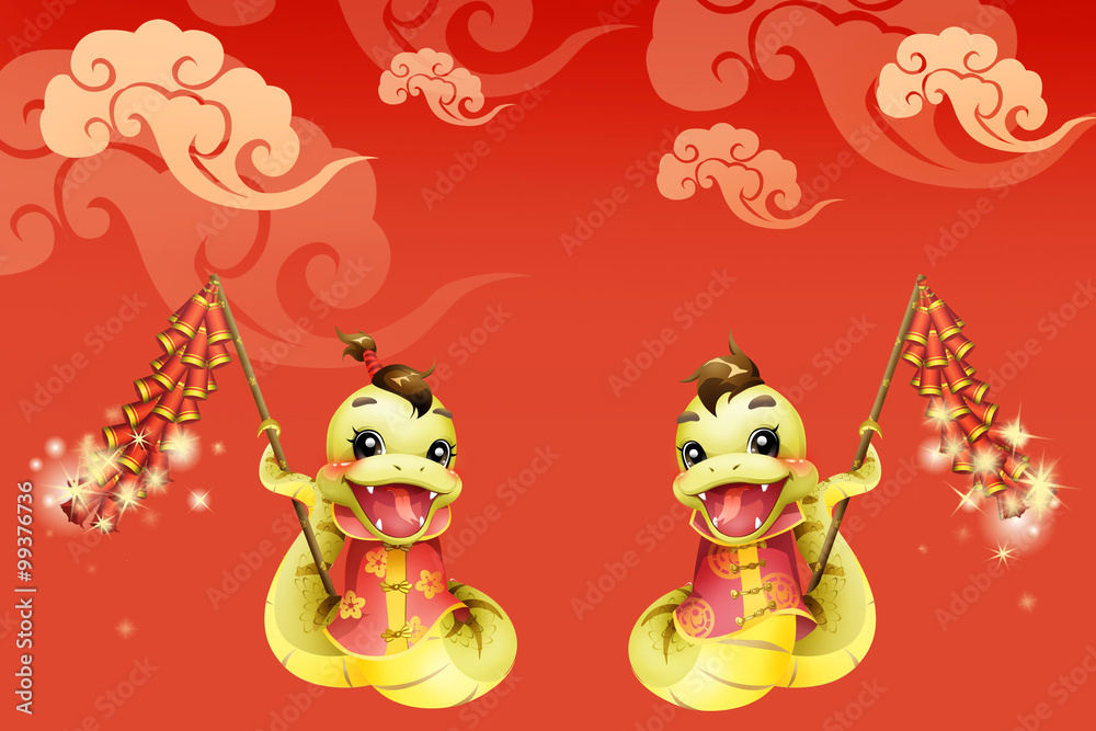 Cartoon snake and firecrackers for Chinese year of snake