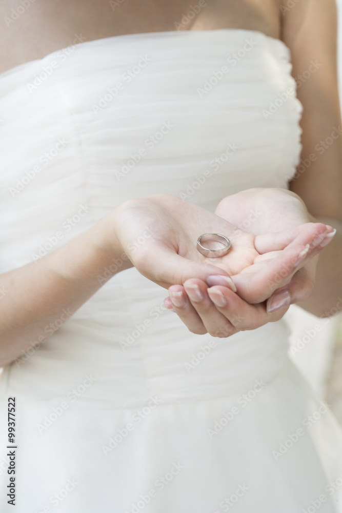 婚礼当天，一位年轻的新娘手持戒指