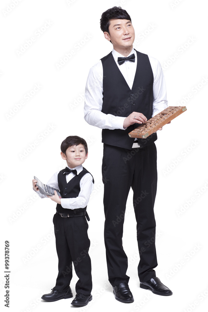 Young family with calculator and Chinese abacus