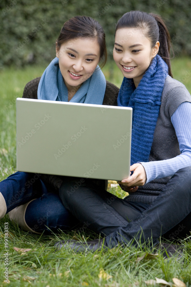 两个朋友坐在外面的草地上看着笔记本电脑