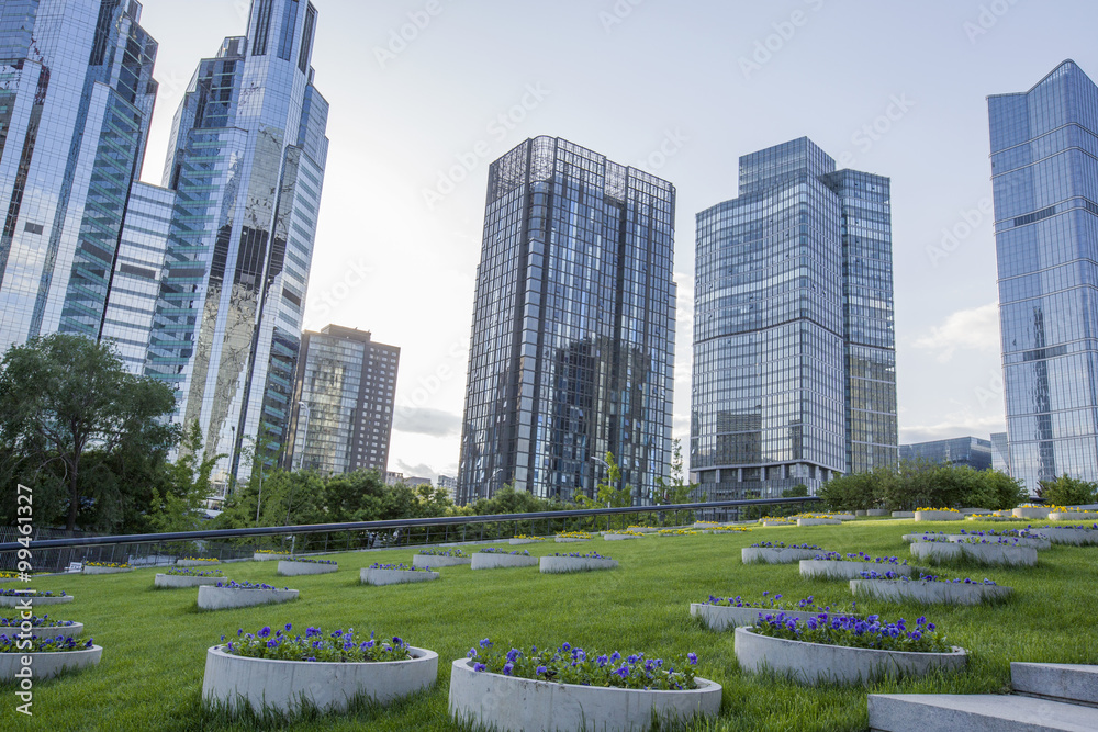 Modern buildings and green area, China