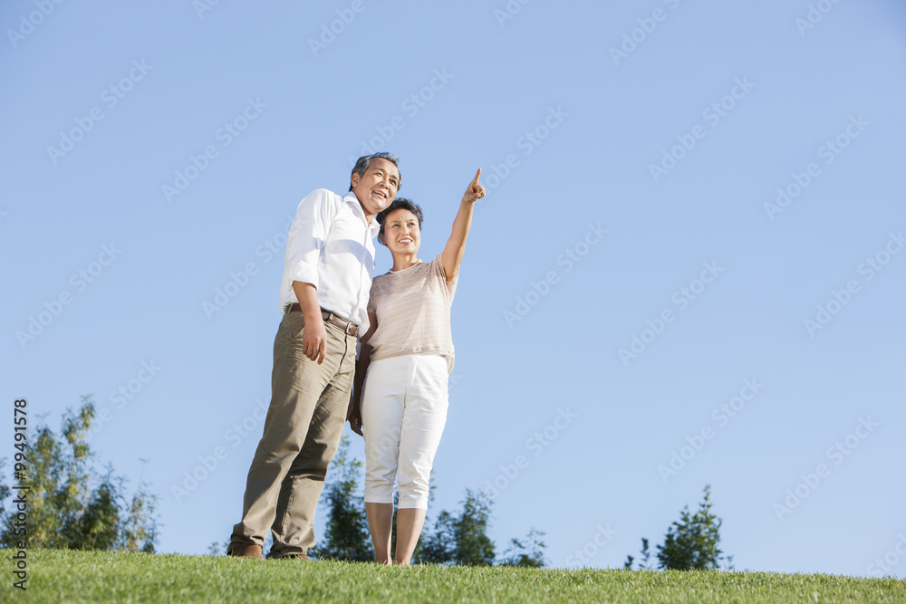 Happy mature couple looking at view in a park