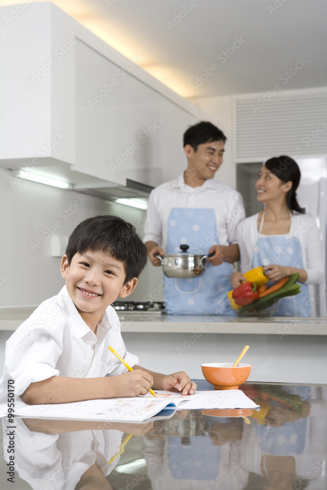 Family in modern kitchen