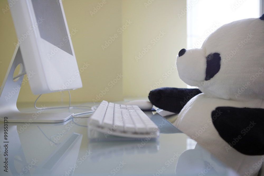 坐在电脑前的软玩具熊猫