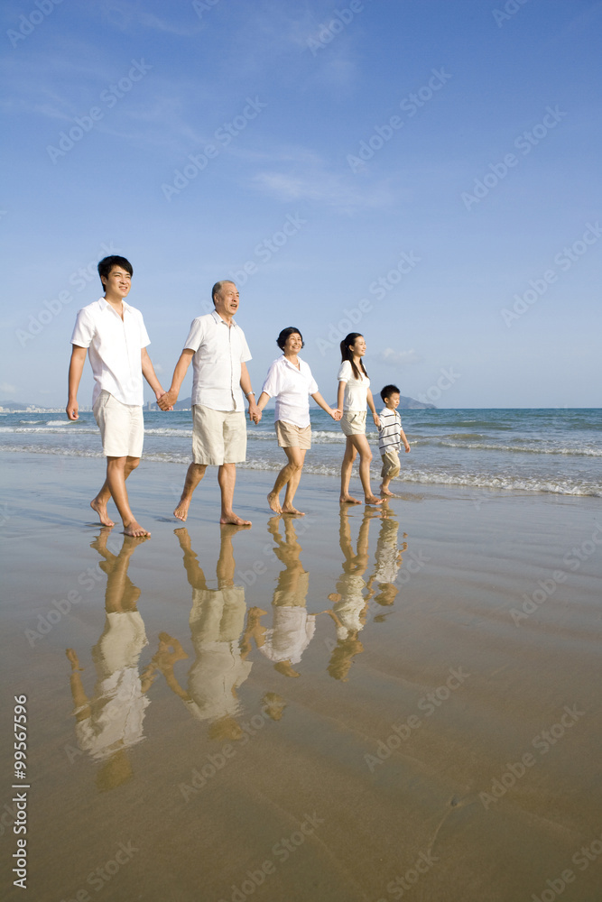 Portrait of a family walking along the beach