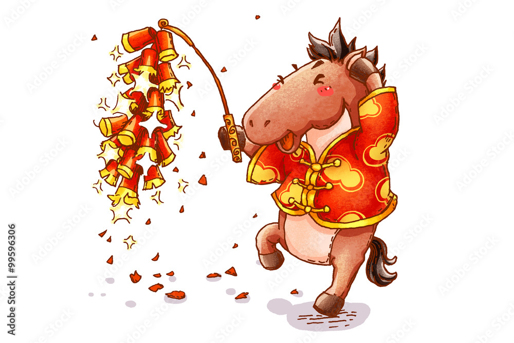 可爱的马与烟花庆祝中国新年