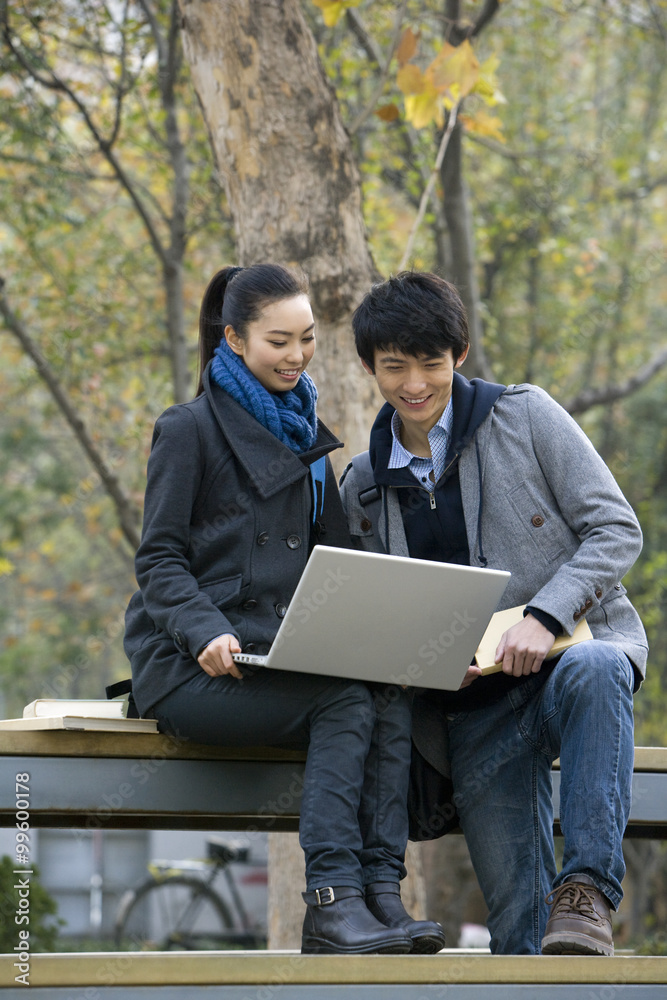 一对年轻男女在公园长椅上一起使用笔记本电脑