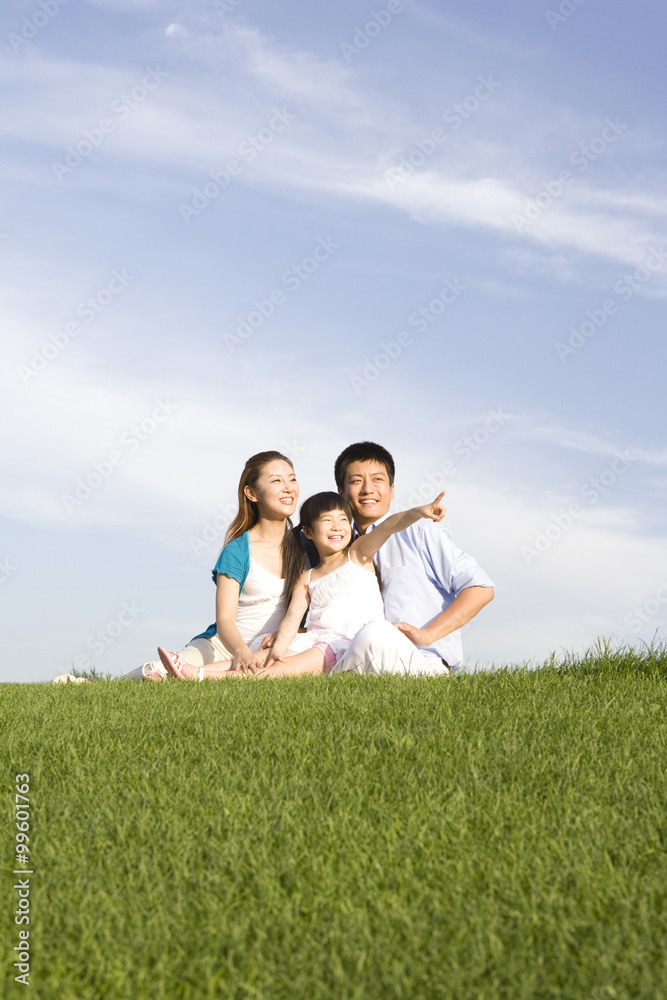 Family of three sitting on the grass