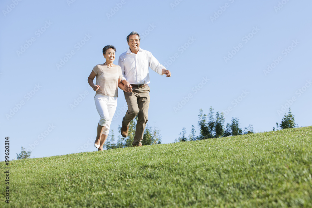 快乐的成熟情侣牵手在公园里奔跑
