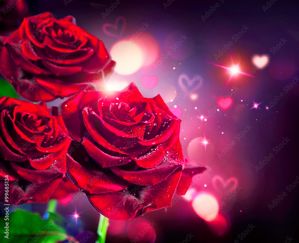 玫瑰和心形背景。情人节或结婚卡片设计